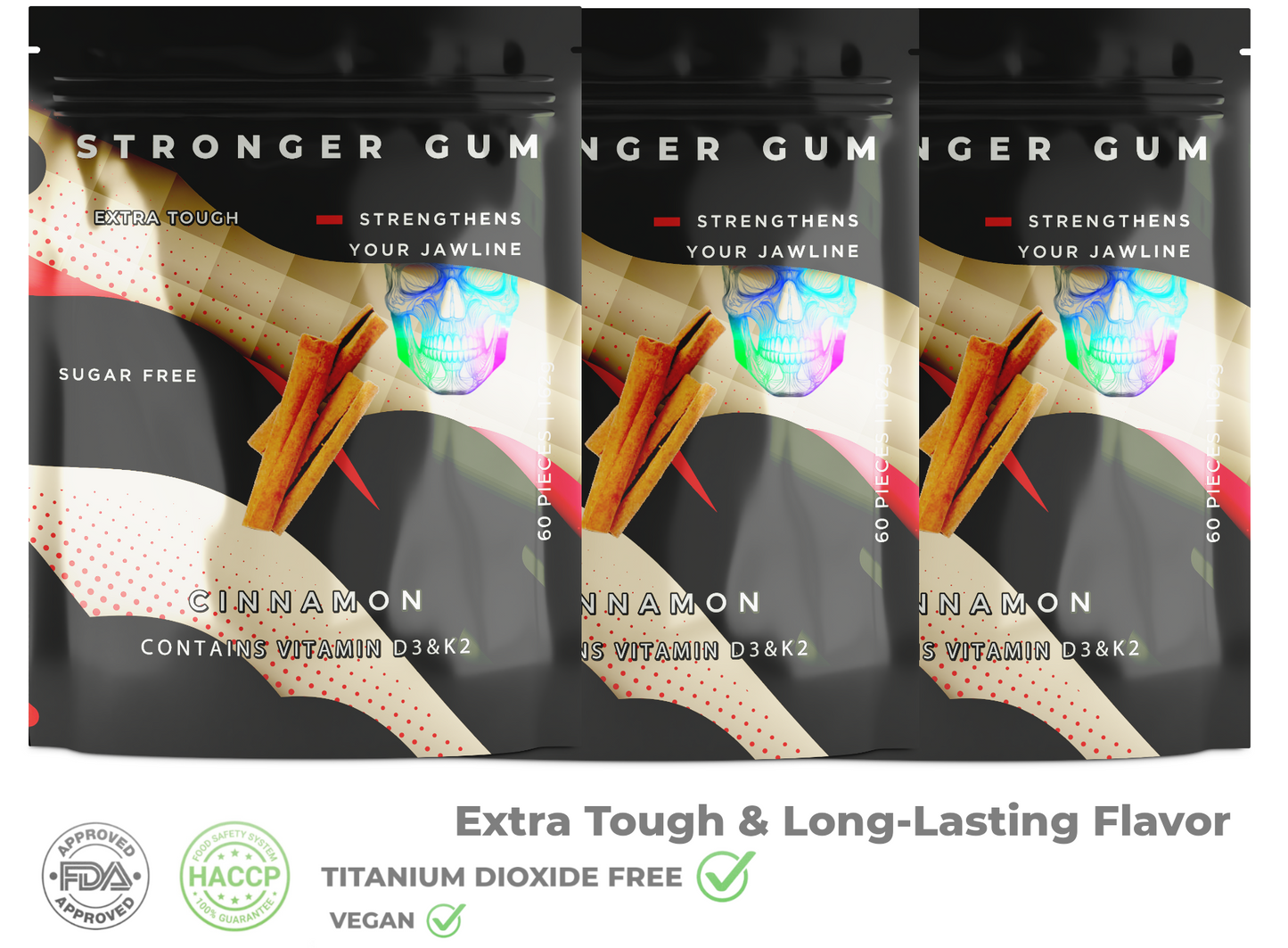 Extra Tough: Cinnamon Sugar Free, 60 Pieces (162g) - Hard gum | Specific Shore Rigidity for Jaw Growth