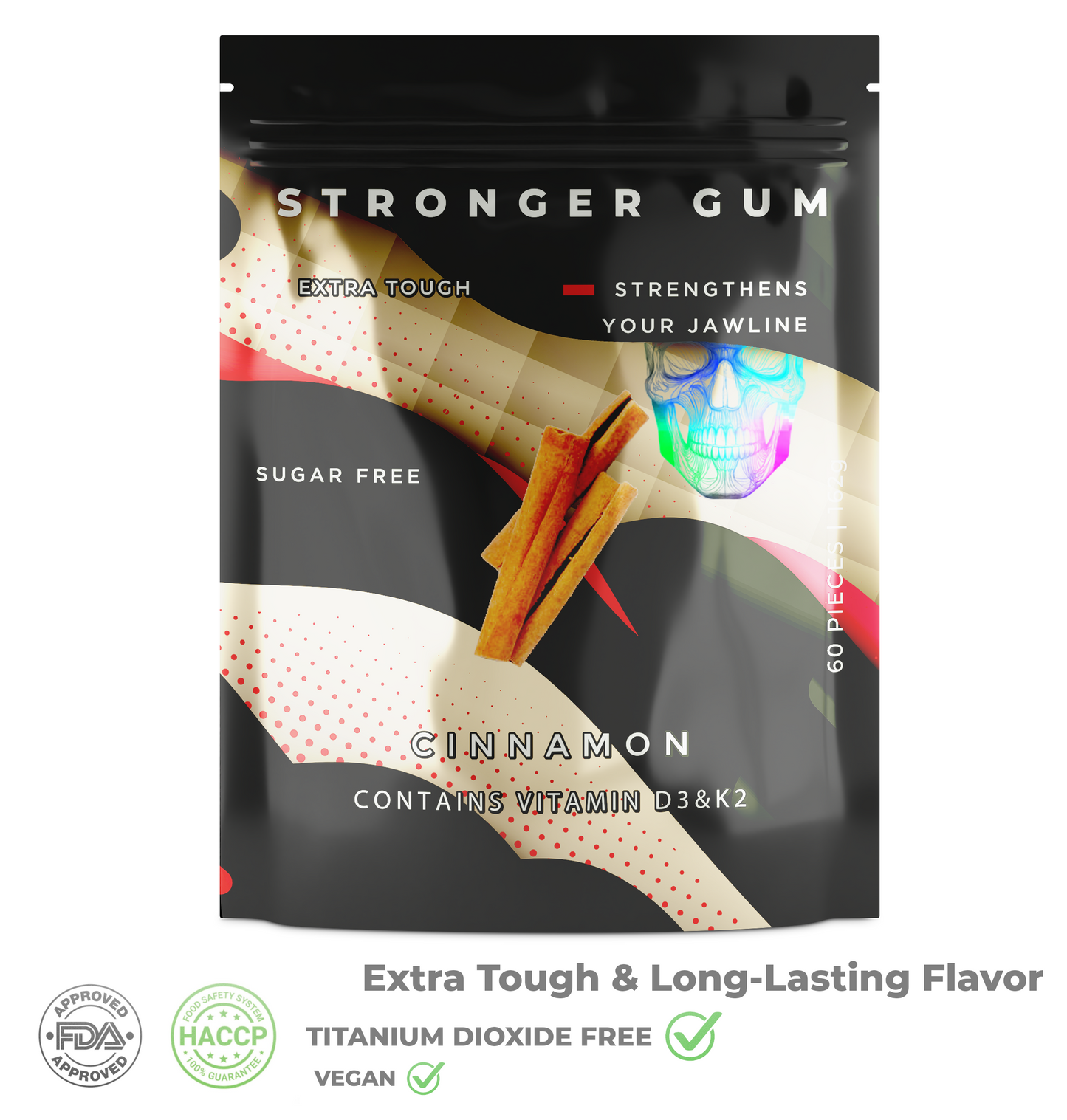 Extra Tough: Cinnamon Sugar Free, 60 Pieces (162g) - Hard gum | Specific Shore Rigidity for Jaw Growth