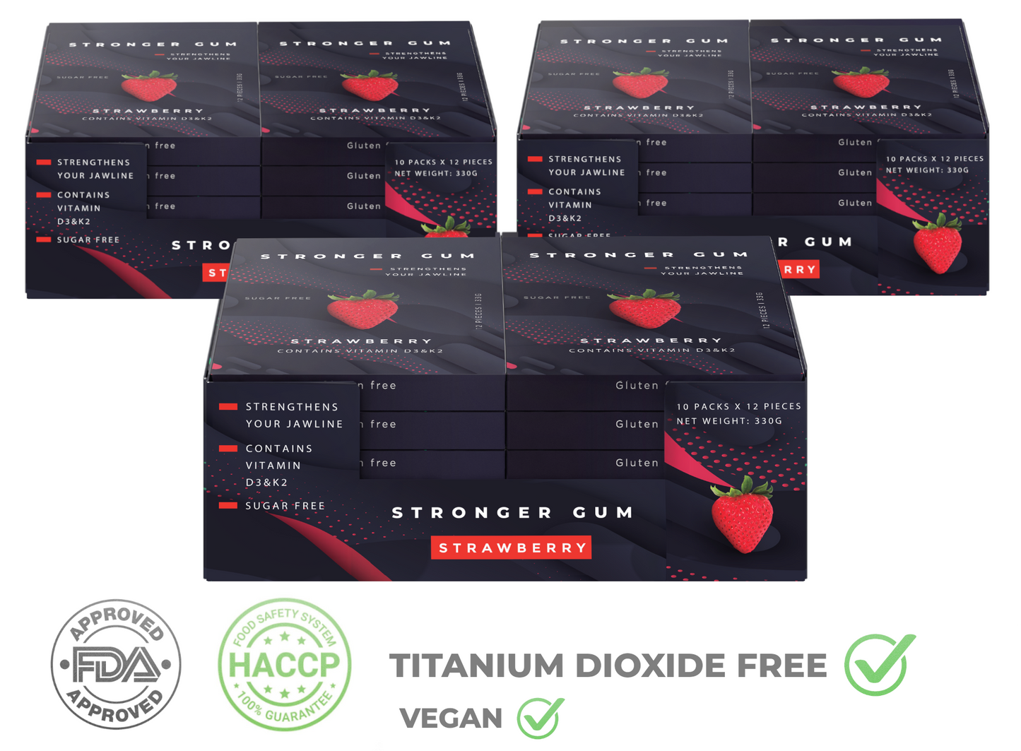 Regular: Sugar Free Strawberry, 120 pieces (330g) - Hard gum | Specific Shore Rigidity for Jaw Growth