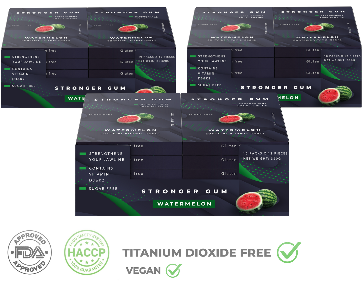 Regular: Watermelon Sugar Free, 120 pieces (320g) - Hard gum | Specific Shore Rigidity for Jaw Growth