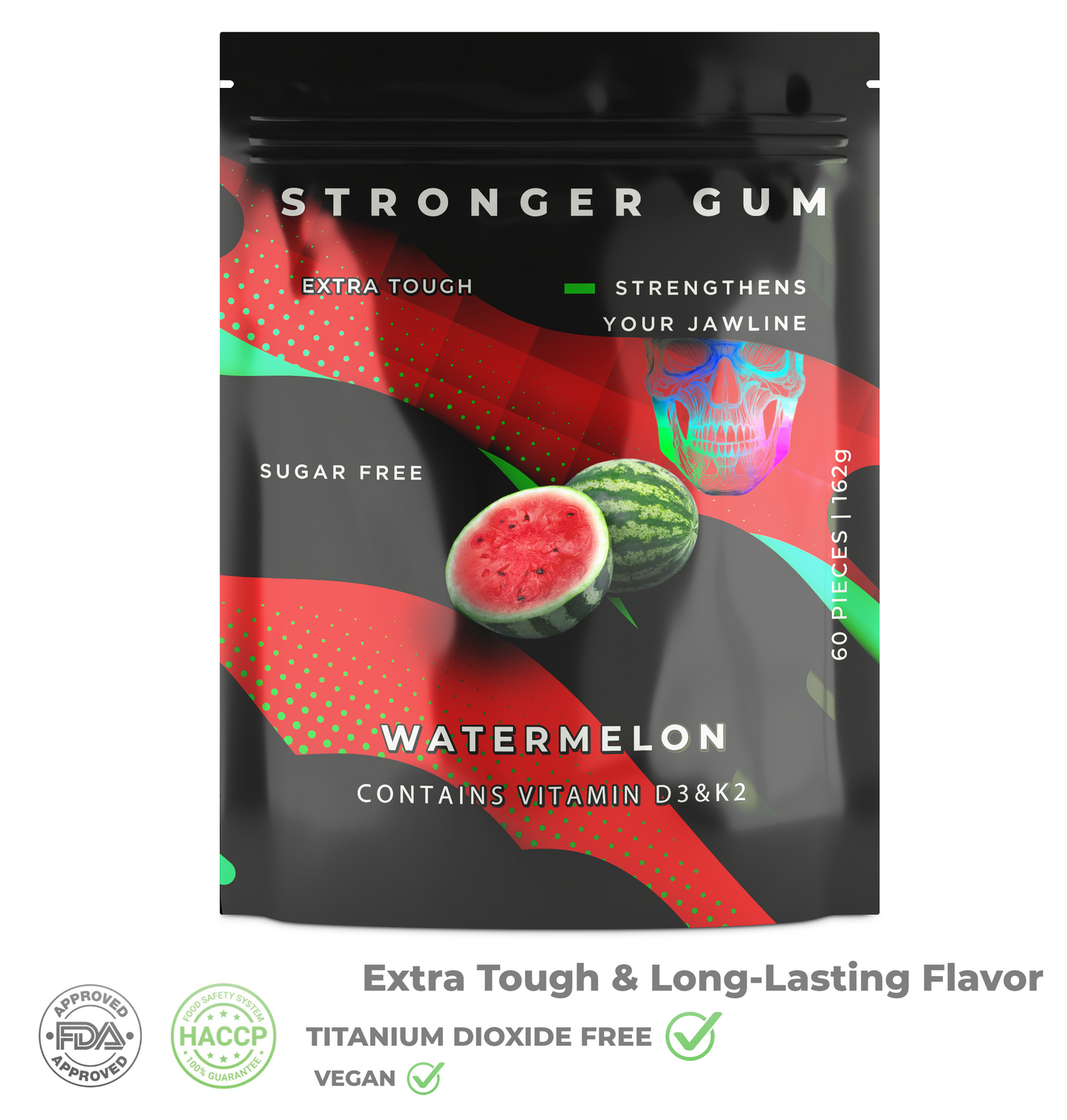 Extra Tough: Watermelon Sugar Free, 60 Pieces, (162g) - Hard gum | Specific Shore Rigidity for Jaw Growth